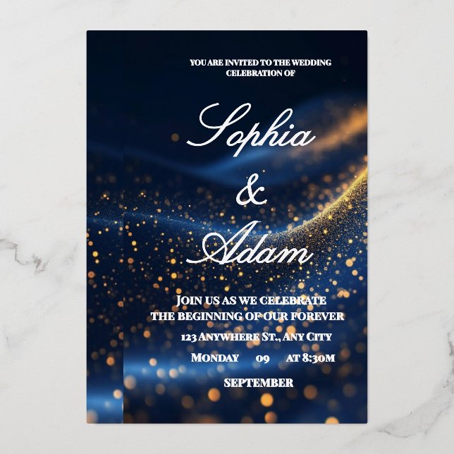 Luxury Navy & Gold Bokeh Wedding Invitation (Front)