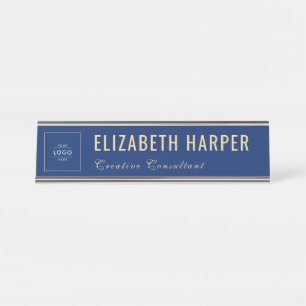Luxury Navy & Gold Business Logo Custom Desk Name Plate