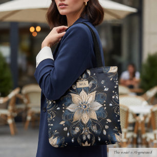 Luxury Navy Gold Floral Tote Bag