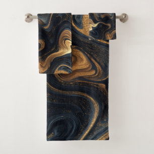 Luxury Navy Gold Fluid Motion Abstract Pattern Bath Towel Set