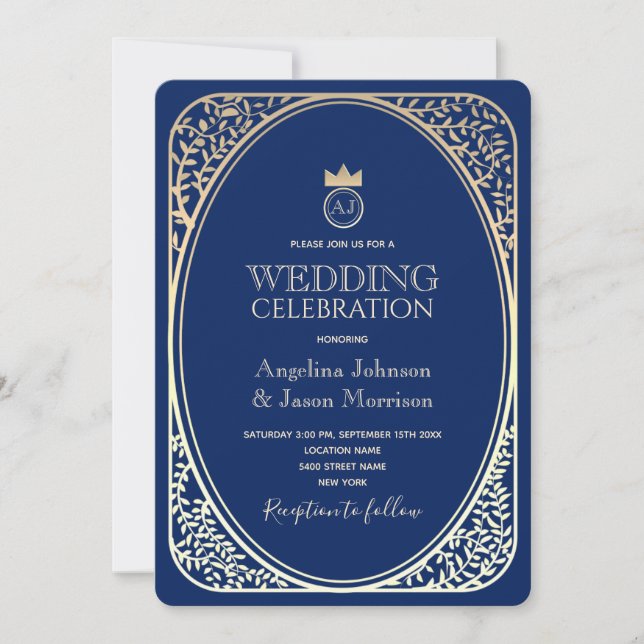 Luxury Navy Gold Monogram Wedding  Invitation (Front)