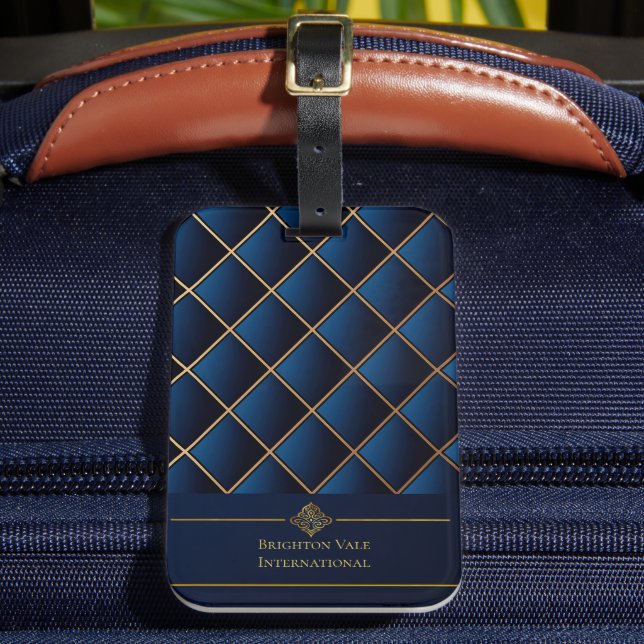 Luxury Navy Gold Personalised Luggage Tag (Front Insitu 2)