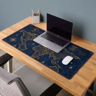 Luxury Navy Gold Vintage World Map Pattern Desk Mat