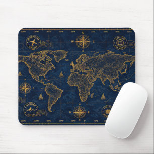 Luxury Navy Gold Vintage World Map Pattern Mouse Mat
