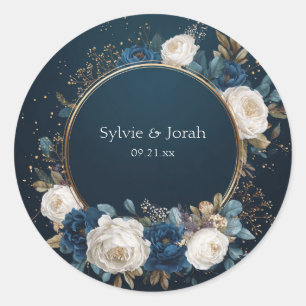 Luxury Navy Gold White Peony Floral Wreath Wedding Classic Round Sticker