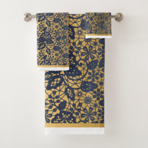 LUXURY NAVY LACE GOLD BATHROOM TOWEL SET 2