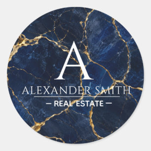 Luxury Navy Marble Gold Monogram Business Branding Classic Round Sticker