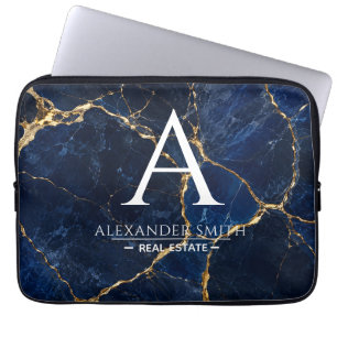 Luxury Navy Marble Gold Monogram Business Branding Laptop Sleeve