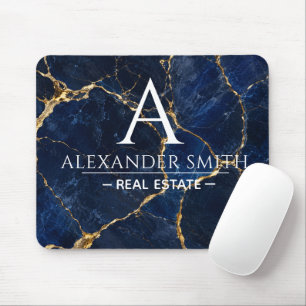 Luxury Navy Marble Gold Monogram Business Branding Mouse Mat