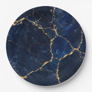 Luxury Navy Marble Gold Monogram Business Branding Paper Plate