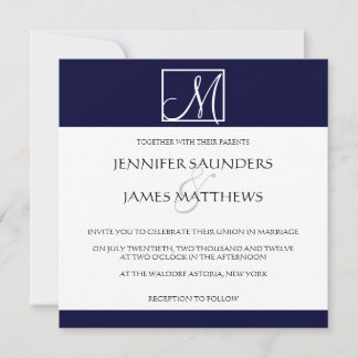Luxury Navy Monogram Initial Wedding Invitation