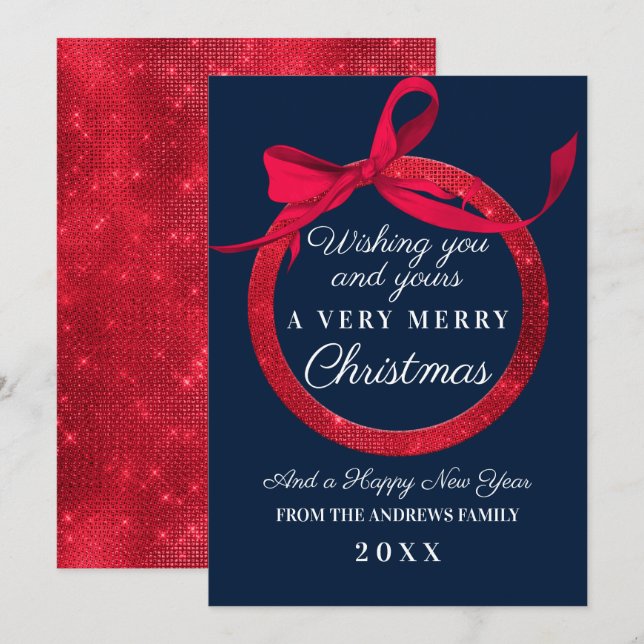 Luxury Navy Red Glitter Bow Ornament Christmas Holiday Card (Front/Back)