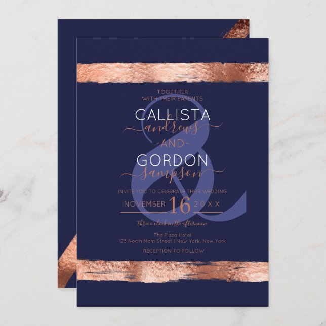 Luxury Navy Rose Gold Brushstroke Border Wedding Invitation (Front/Back)