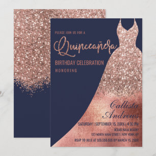 Luxury Navy Rose Gold Glitter Dress Quinceañera Invitation