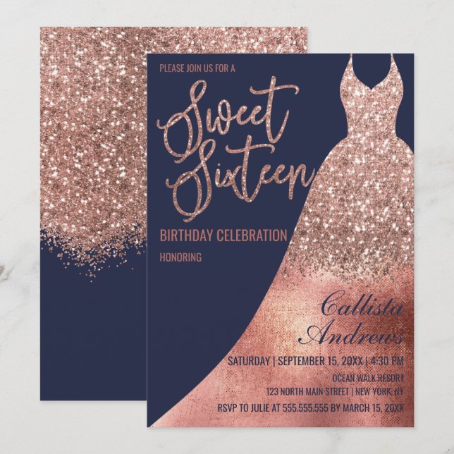 Luxury Navy Rose Gold Glitter Dress Sweet 16 Invitation (Front/Back)