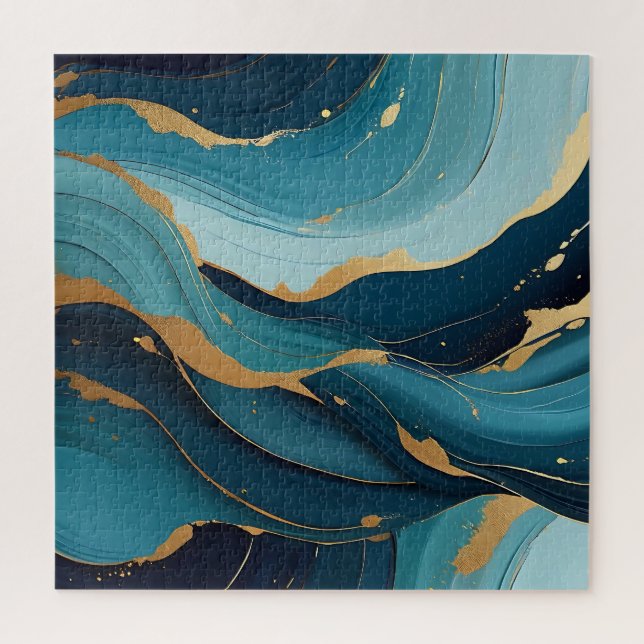 Luxury Navy Teal Gold Fluid Abstract Pattern Jigsaw Puzzle (Vertical)