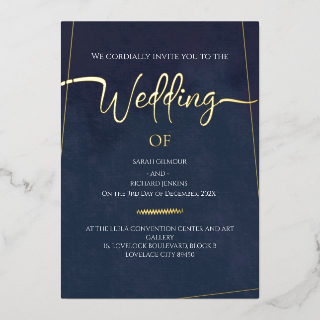 Luxury Navy Velvet  Gold Foil Calligraphy Wedding (Front)