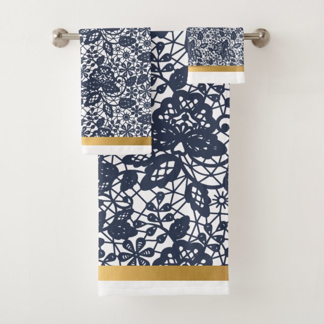 LUXURY NAVY WHITE LACE GOLD BATHROOM TOWEL SET 2 (Insitu)