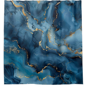 Luxury Ocean Blue Alcohol Ink Gold Veins Marble Shower Curtain