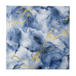 Luxury Ocean Blue and Gold Alcohol Ink Fluid  Tile