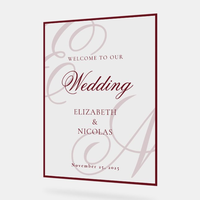 Luxury Old Money Monogram Wedding Welcome Acrylic Sign (Angle)