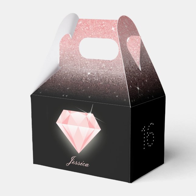 Luxury Ombre Pink Glitter Diamond Birthday Black Favour Box (Front Side)