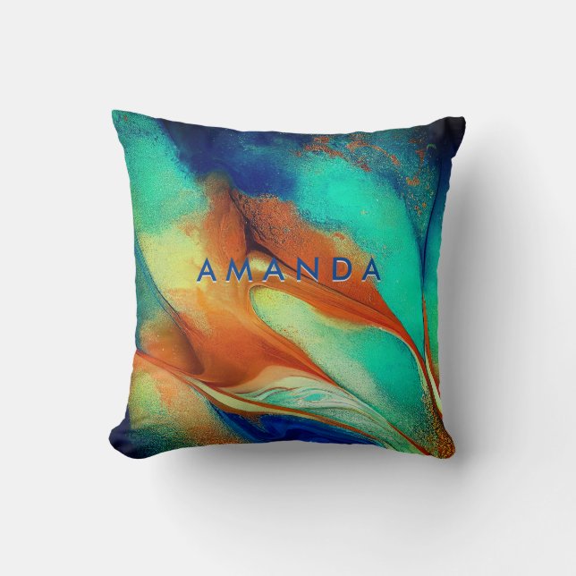 Luxury orange aqua faux gold glitter marble art  cushion (Front)