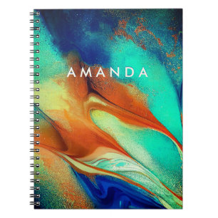 Luxury orange aqua faux gold glitter marble art  notebook