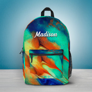 Luxury orange aqua faux gold glitter marble art printed backpack