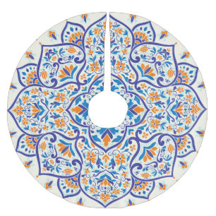 Luxury Orange Blue Ornament Pattern Brushed Polyester Tree Skirt