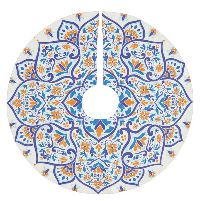 Luxury Orange Blue Ornament Pattern Brushed Polyester Tree Skirt (Front)