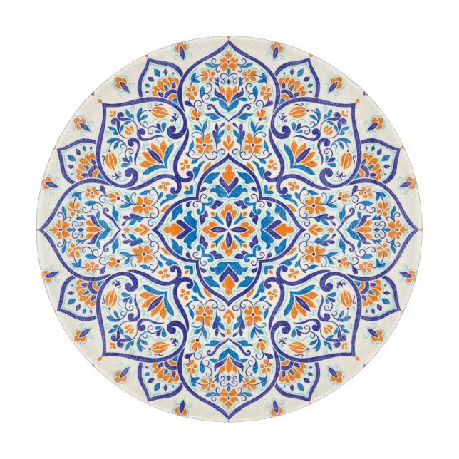 Luxury Orange Blue Ornament Pattern Cutting Board (Front)