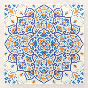 Luxury Orange Blue Ornament Pattern Glass Coaster
