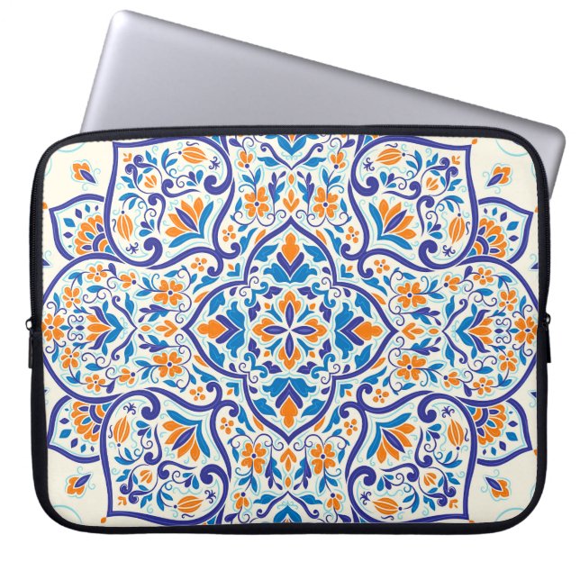 Luxury Orange Blue Ornament Pattern Laptop Sleeve (Front)