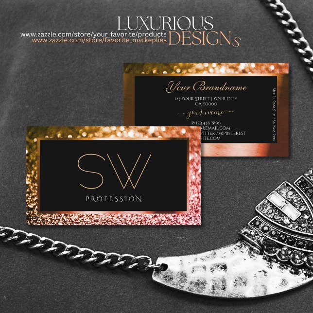 Luxury Orange Pink Ombre Glitter Black Monogram Business Card (Creator Uploaded)
