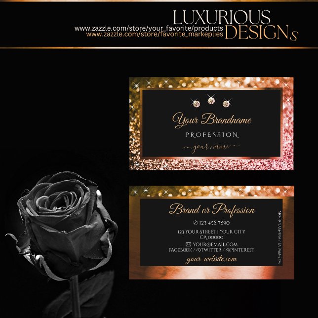 Luxury Orange Pink Ombre Glitter Black with Jewels Business Card (Creator Uploaded)