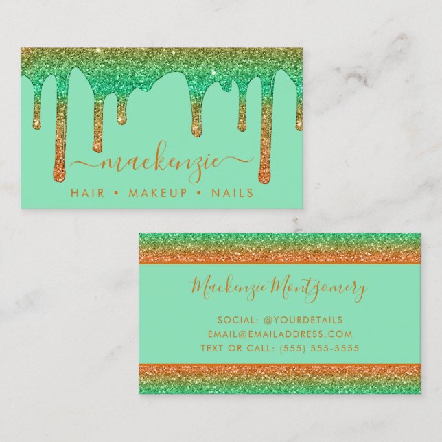 Luxury Orange Teal Ombre Sparkle Glitter Drips Business Card (Front/Back)