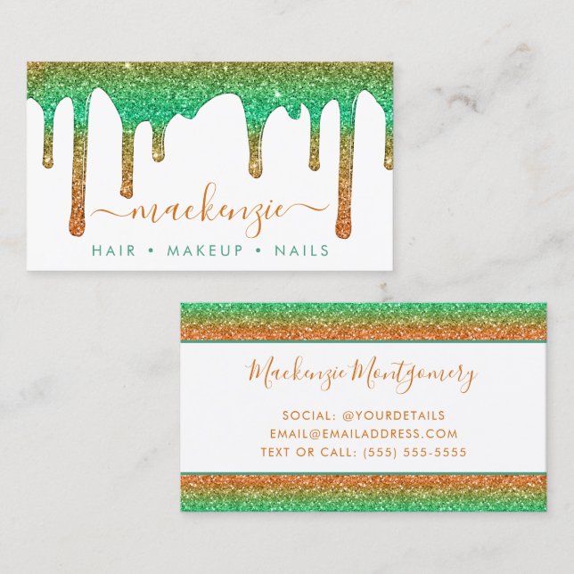 Luxury Orange Teal Sparkle Glitter Drips Business Card (Front/Back)