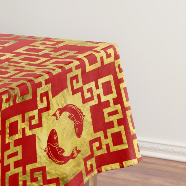 Luxury Oriental Gold on Red Koi Fish Pattern Tablecloth (In Situ)