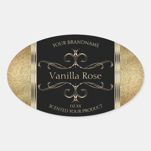 Luxury Ornamental Gold Glitter Black Product Label (Front)