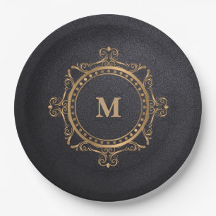 Luxury ornamental mandala black monogram paper plate
