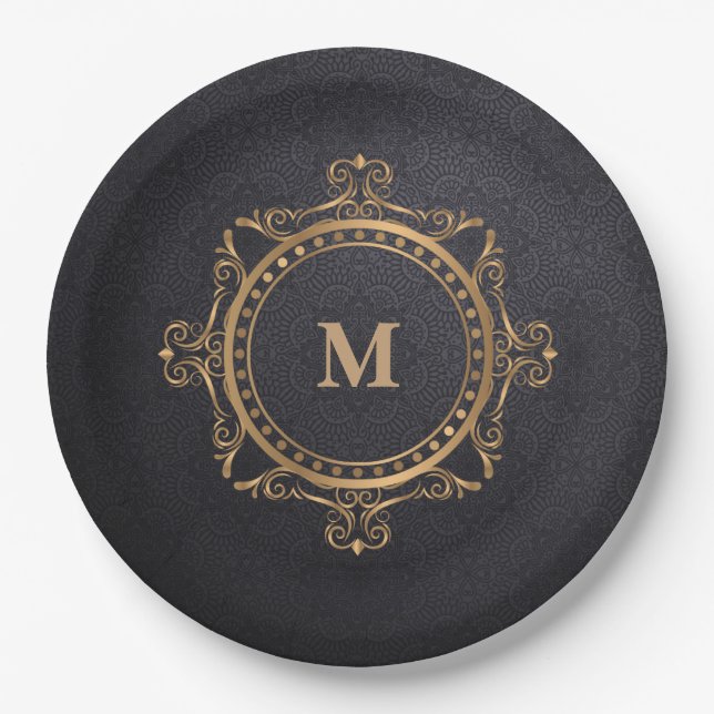 Luxury ornamental mandala black monogram paper plate (Front)