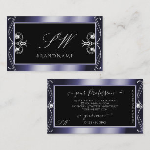 Luxury Ornate Black Blue Sparkle Diamonds Monogram Business Card