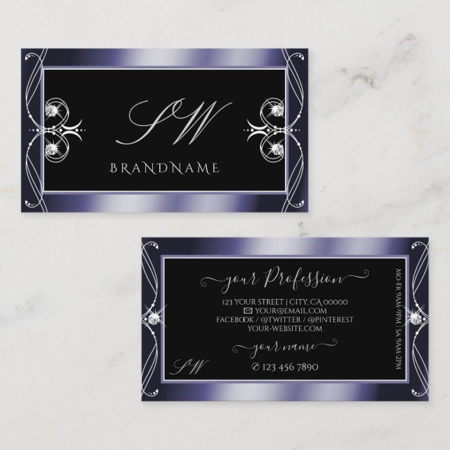 Luxury Ornate Black Blue Sparkle Diamonds Monogram Business Card (Front/Back)