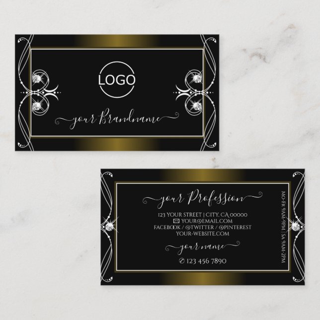 Luxury Ornate Black Golden Sparkle Jewels Add Logo Business Card (Front/Back)