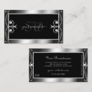Luxury Ornate Black Silver Sparkle Jewels Initials Business Card