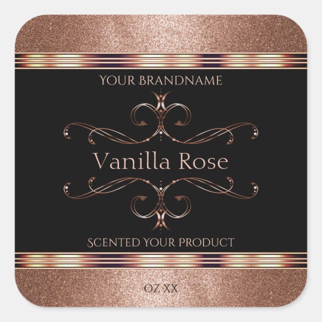 Luxury Ornate Rosegold Glitter Black Product Label (Front)