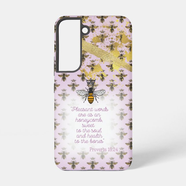 Luxury Pastel Mauve Gold Bee Grid Bible Queen Bee Samsung Galaxy S22 Case (Back)