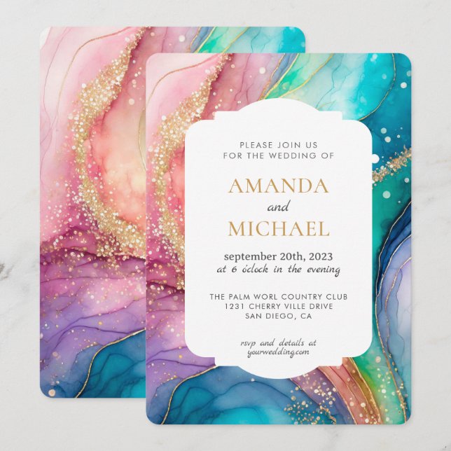 Luxury Pastel Rainbow alcohol ink Wedding Invitation (Front/Back)