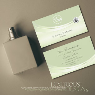 Luxury Pastel Sage Green with Logo and Diamond Business Card